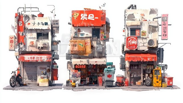 Isometric Art of Fantasy Guild Shop Exteriors, showcasing four unique designs of RPG guild shops, isolated on white background for clarity and detail