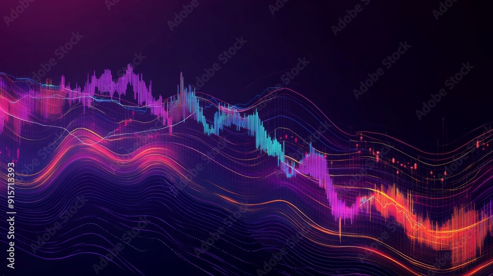 Poster a dynamic stock chart with vibrant lines and candlestick patterns on a dark background, illustrating