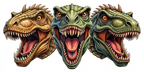 Obraz premium Fierce set of dinosaur heads with open mouths and sharp fangs, displaying diverse angry expressions, ideal for tattoo, emblem, or logo design, on a white background.