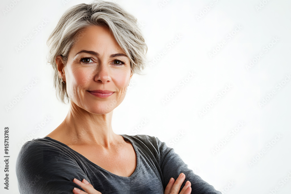 Wall mural Beautiful Mature European woman close up portrait. Beautiful gorgeous 40-50s mid aged mature lady looking at camera isolated on white.