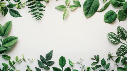 Naklejka premium White background with leafy border. Flat lay.