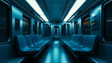 Fototapeta premium A quiet subway train interior with empty blue seats during late night hours in an urban setting
