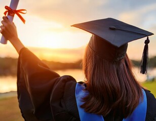A graduate in cap and gown holds up a diploma against a breathtaking sunset backdrop, symbolizing achievement and new beginnings.