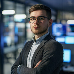 Fototapeta premium A professional, profile photograph of a male systems analyst in a modern office environment. He is dressed in smart-casual attire, wearing a collared shirt with or without a blazer.