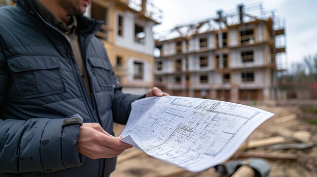 An engineer examines blueprints rigorously at a construction site with buildings under development in the background.