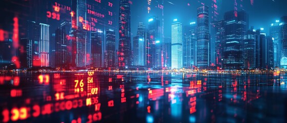 Fototapeta premium Futuristic Global Financial Forecasting City Skyline with Stock Markets and Currency Symbols Overlay representing Economic Trends Connection
