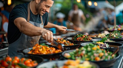 A chef serving colorful dishes at a bustling outdoor street market, presenting delicious and vibrant foods.