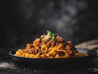 Steaming Plate of Fettuccine Bolognese with Basil and Parmesan