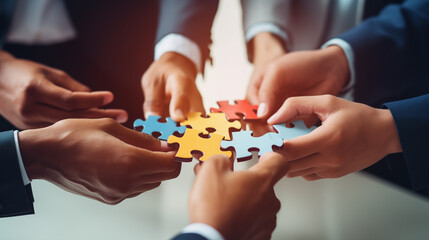 A group of hands assembling colorful puzzle pieces, symbolizing teamwork and collaboration.