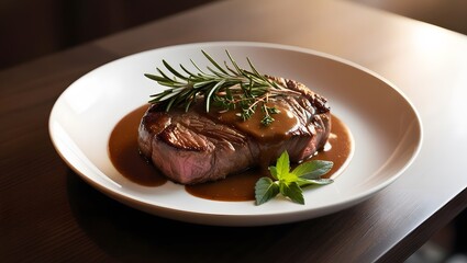 Cooked Beef Steak with sauce and herbs