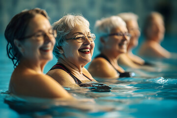 Fototapeta premium Active senior women enjoying aqua fit class in a pool, displaying joy and camaraderie, embodying a healthy, retired lifestyle