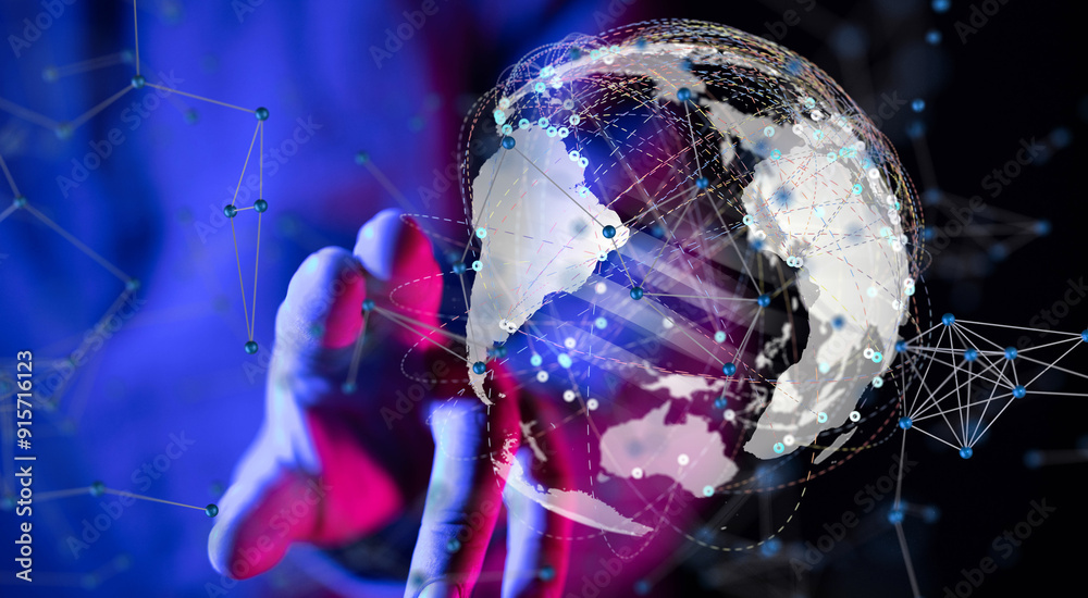 Poster world Global network. Blockchain. 3D illustration. Neural networks and artificial intelligence. Abstract