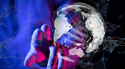 world Global network. Blockchain. 3D illustration. Neural networks and artificial intelligence. Abstract