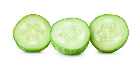 Front view of green cucumber slices or pieces in stack isolated on white background with clipping path