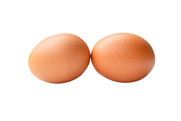 Front view of two fresh brown chicken eggs in stack isolated in png file format