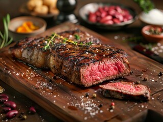 Grilled Steak with Thyme and Salt on a Wooden Cutting Board