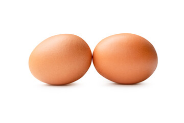 Side view of two fresh brown chicken eggs in stack isolated on white background with clipping path