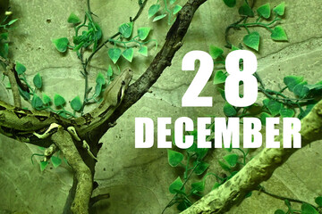 Calendar date on light green background with snake crawling on tree branch. December 28 is the twenty-eighth day of the month