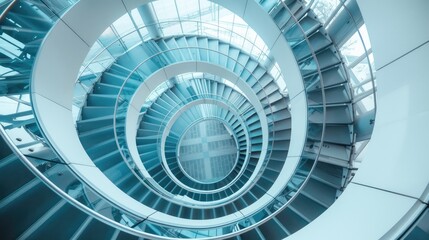 Spiral staircase inside a modern cylindrical building with glass floors
