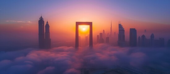 Fototapeta premium Dubai Skyline Sunrise Through The Frame