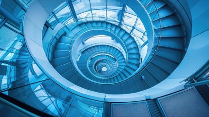 Obraz premium Spiral staircase inside a modern cylindrical building with glass floors