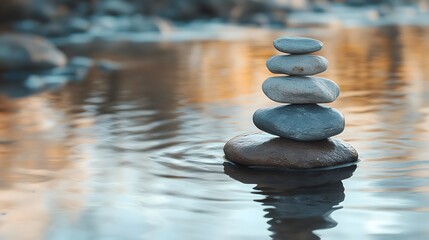 Balanced stone stacks on tranquil water surface reflect