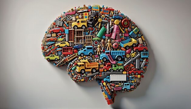Cerebro conformado de muchos juguetes infantiles. representa la importancia del juego en el ni&ntilde;o para el desarrollo neurol&oacute;gico del cerebro. Apto para todo aquel que practique la neurologia. Abstracto