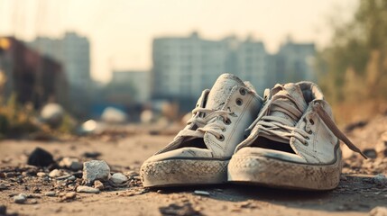 Naklejka premium Abandoned Shoes and Empty Pockets Symbol of Despair in Front of Decrepit Building
