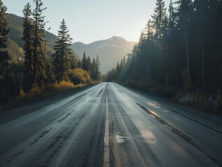 Naklejka premium Empty asphalt road through a mountain forest at sunrise