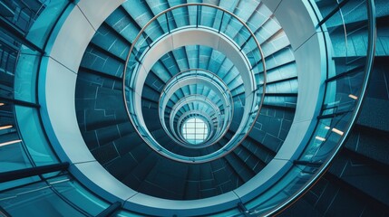 Fototapeta premium Spiral staircase inside a modern cylindrical building with glass floors