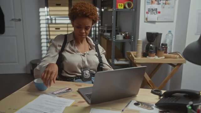 A focused african american female detective analyzes evidence at her office desk, indicating an investigation.