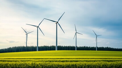 Transitioning Landscape Evergreen Forest Meeting Seasonal Crops with Sustainable Wind Farm on Cloudy Day