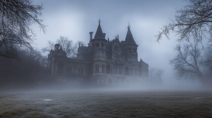 Spooky old gothic castle, foggy night, haunted mansion