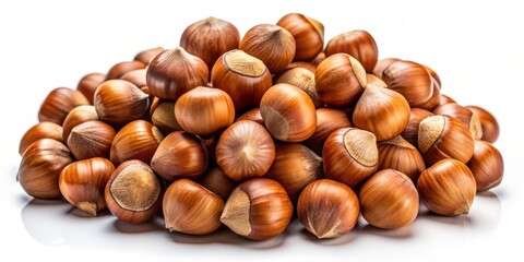 Obraz premium Freshly shelled hazelnuts scattered isolated on a clean white studio background, showcasing their rich brown color and unique shape in high-contrast detail.