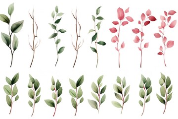 Watercolor illustration of green and pink branches with leaves.