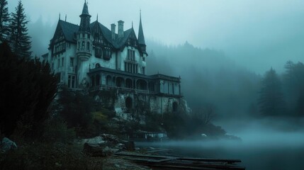 Obraz premium Spooky old gothic castle, foggy night, haunted mansion
