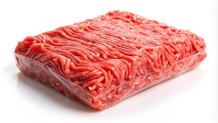 Freshly wrapped package of lean red raw ground meat with a subtle sheen, showcased on a clean white background, emphasizing its freshness and quality.