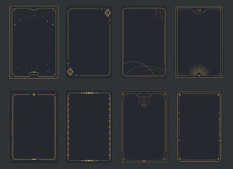 Esoteric magical Tarot cards templates. Frame border with celestial elements, crescents, stars. Mystery, astrology, alchemy. Vector illustration