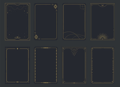 Esoteric magical Tarot cards templates. Frame border with celestial elements, crescents, stars. Mystery, astrology, alchemy. Vector illustration