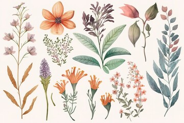 Watercolor floral illustration featuring various botanical elements with detailed leaves, flowers, and buds.