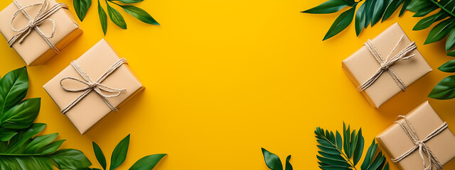 Gift boxes with tropical leaves on yellow background Design Banner with Blank Copy space for Custom Advertising and Header