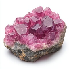 Morganite mineral cluster on a white background showcasing natural pink hues and crystal formation