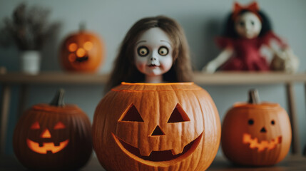 Explore a chilling Halloween scene featuring intricately carved jack o' lanterns and unsettling dolls, perfect for evoking spooky vibes.