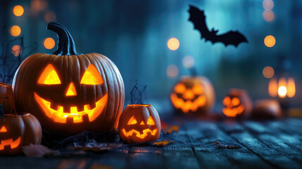 Obraz premium Capture the spooky atmosphere of Halloween night with chilling jack-o'-lanterns and eerie lanterns in a haunted house setting. Perfect for festive decor inspiration.