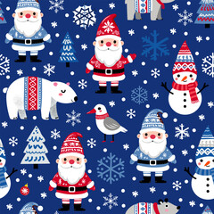 Simple vector seamless pattern for kids with Santa, Christmas tree and snowflakes. Christmas print for wrapping paper, Christmas cards, scrapbooking
