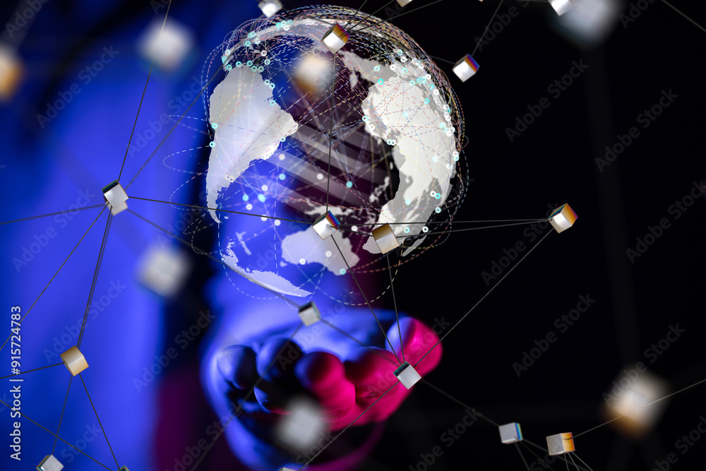 Poster world Global network. Blockchain. 3D illustration. Neural networks and artificial intelligence. Abstract