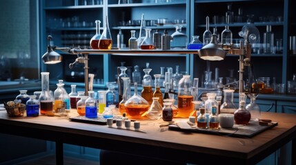Laboratory with various glass beakers and bottles.