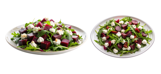 Bundle of red beet and goat cheese salad with arugula, side and top view, isolated on white background
