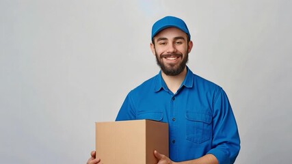 A cheerful delivery man in a blue uniform holding a cardboard package, representing reliable and friendly courier services.