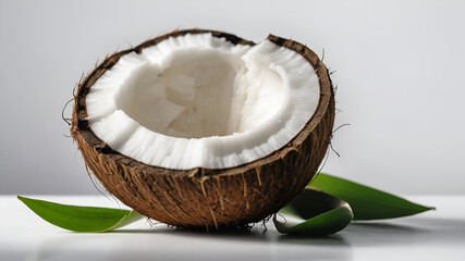 Coconuts with white flesh, green leaves, split coconut halves, Coconut isolated on white background. Ai generative
